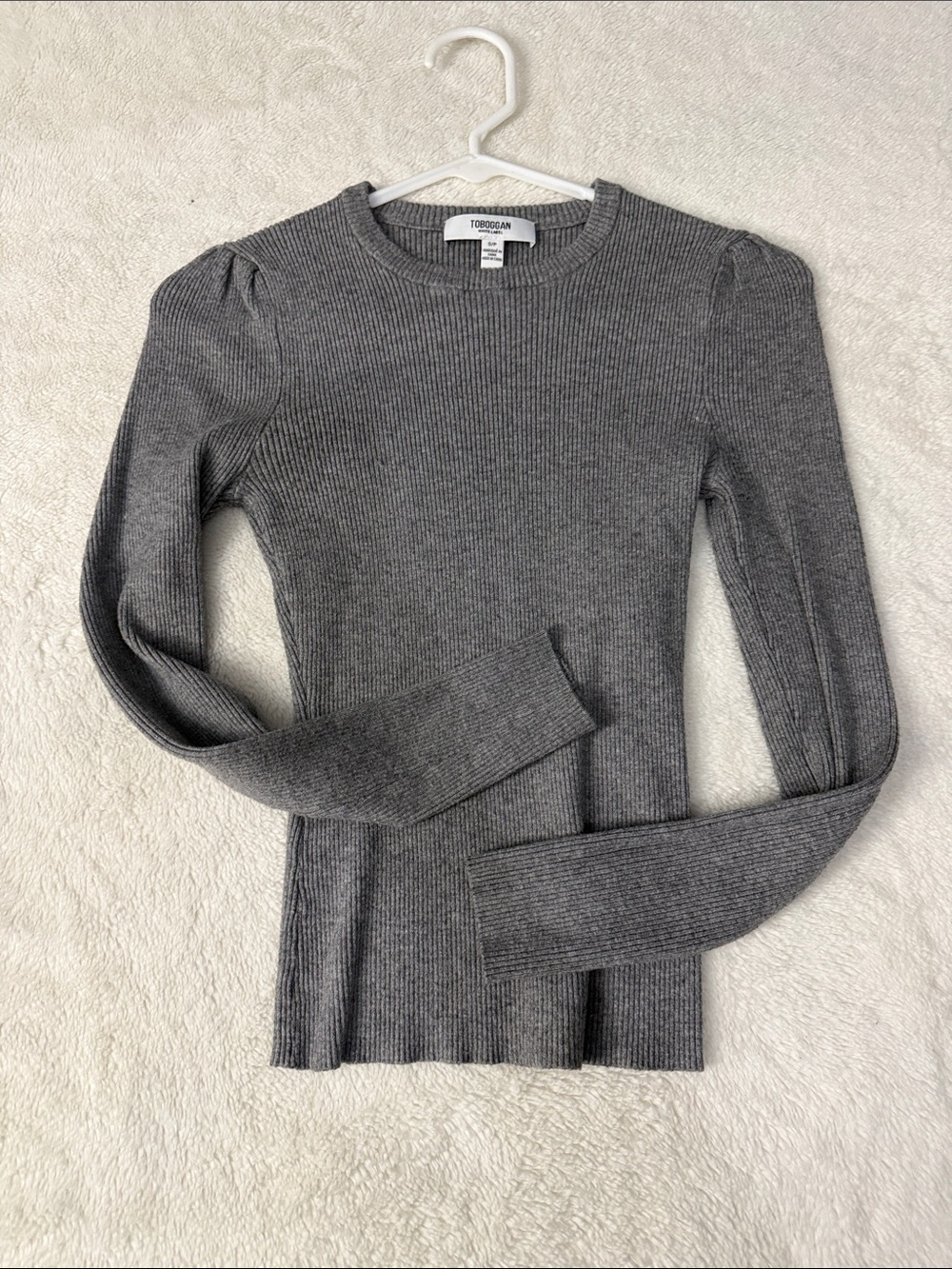 Ted Baker Gray Ribbed Long-Sleeve Puff Shoulder Top